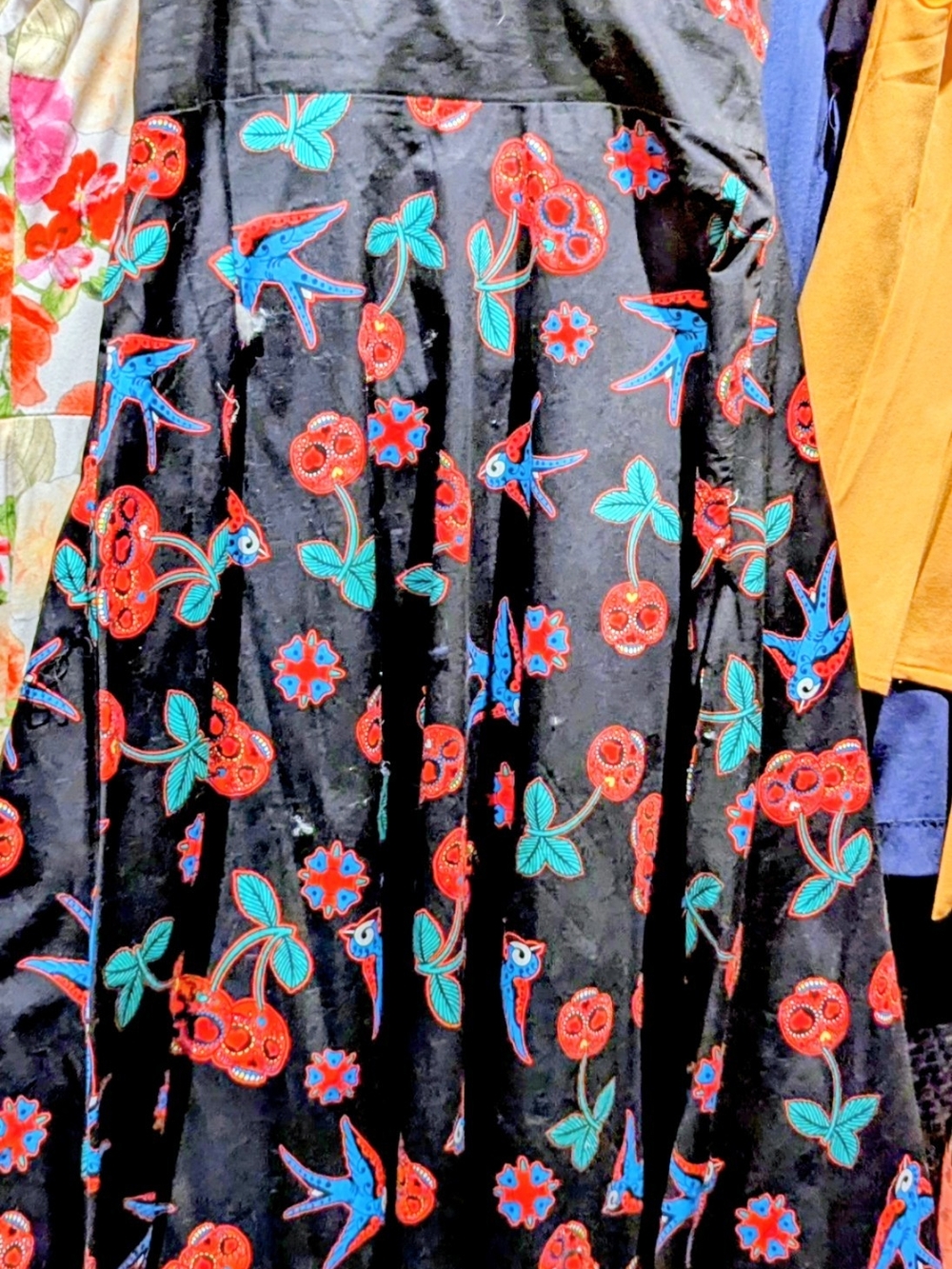 Banned Retro RareBlack Midi Dress with Red Cherry Skull & Teal Embroidered Motif